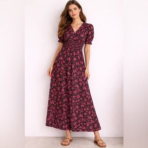 GAP Black Maxi Dress with Pink Floral Print and Puff Sleeves